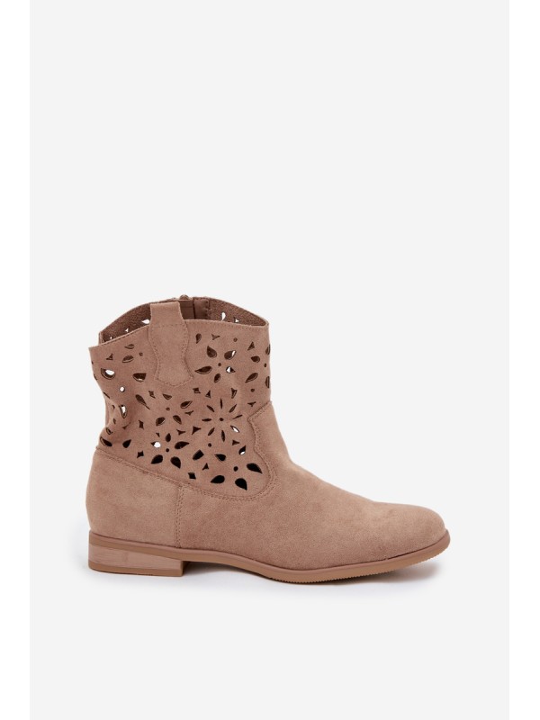 Women's Boots With Perforated Pattern On Flat Heel Eco Suede Beige Athera