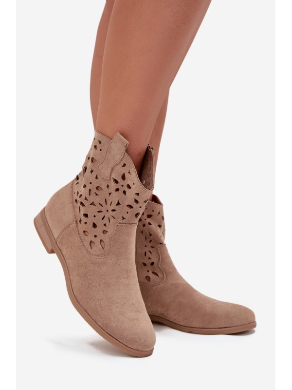 Women's Boots With Perforated Pattern On Flat Heel Eco Suede Beige Athera