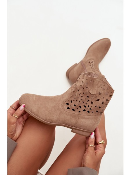 Women's Boots With Perforated Pattern On Flat Heel Eco Suede Beige Athera