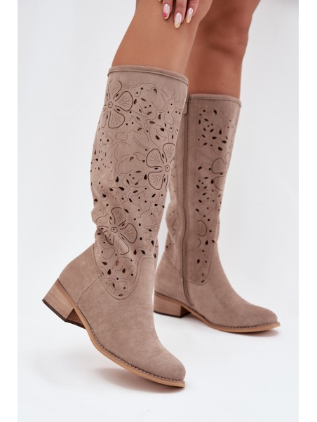 Ladies Cut-Out Ankle Boots With Low Heel Eco Suede Zipped Beige Orchides