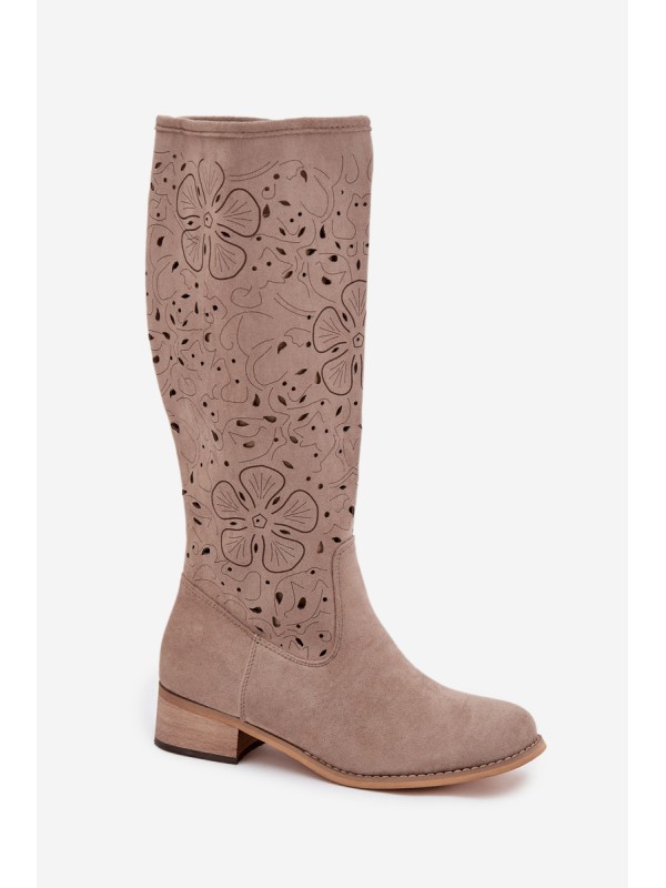 Ladies Cut-Out Ankle Boots With Low Heel Eco Suede Zipped Beige Orchides