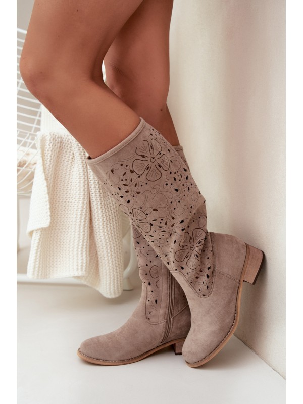 Ladies Cut-Out Ankle Boots With Low Heel Eco Suede Zipped Beige Orchides
