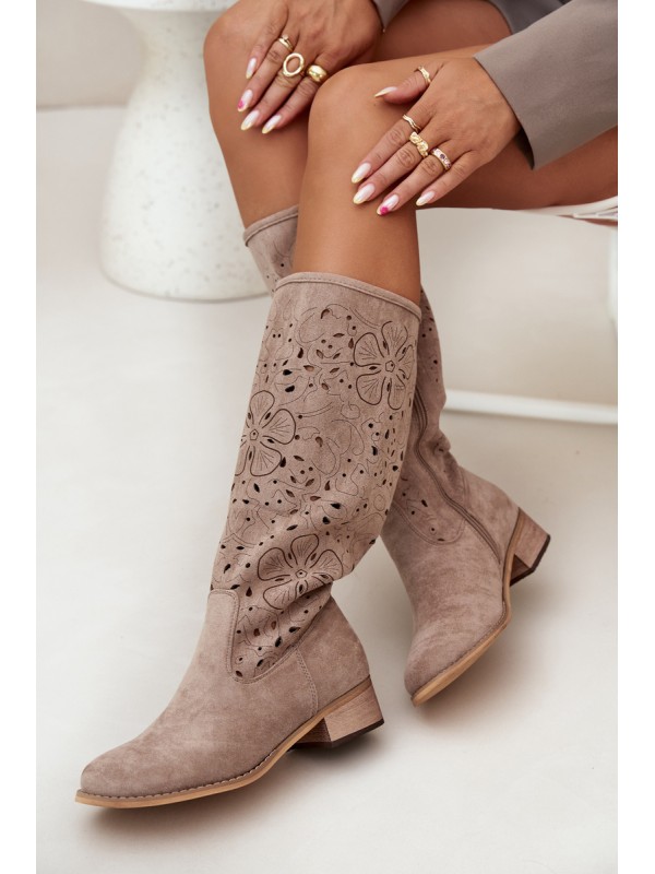 Ladies Cut-Out Ankle Boots With Low Heel Eco Suede Zipped Beige Orchides