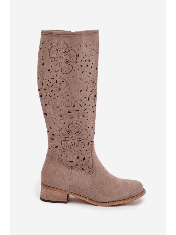 Ladies Cut-Out Ankle Boots With Low Heel Eco Suede Zipped Beige Orchides