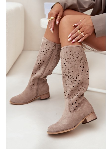 Ladies Cut-Out Ankle Boots With Low Heel Eco Suede Zipped Beige Orchides