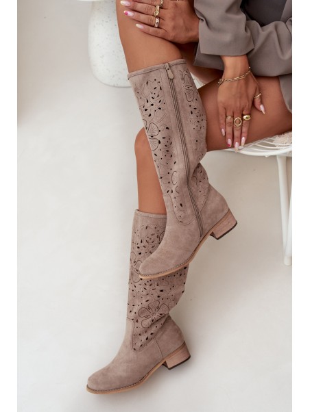 Ladies Cut-Out Ankle Boots With Low Heel Eco Suede Zipped Beige Orchides