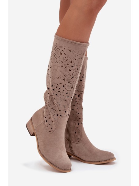 Ladies Cut-Out Ankle Boots With Low Heel Eco Suede Zipped Beige Orchides