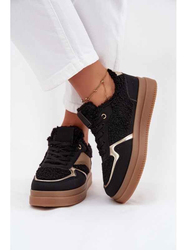 Women's Platform Sneakers with Sheepskin Black Frelina