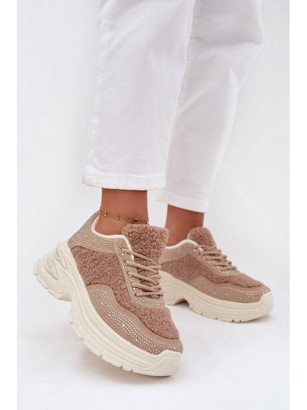 Women's Sneakers With Zirconia And Sheep Fur Beige Zarika
