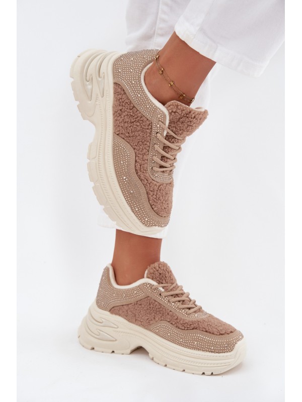 Women's Sneakers With Zirconia And Sheep Fur Beige Zarika