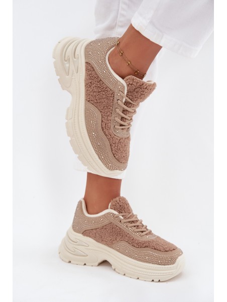 Women's Sneakers With Zirconia And Sheep Fur Beige Zarika