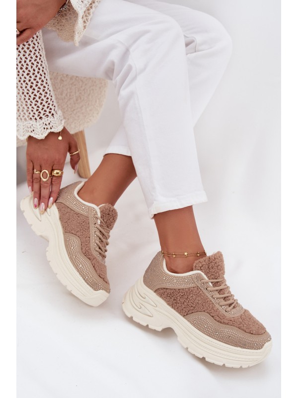 Women's Sneakers With Zirconia And Sheep Fur Beige Zarika