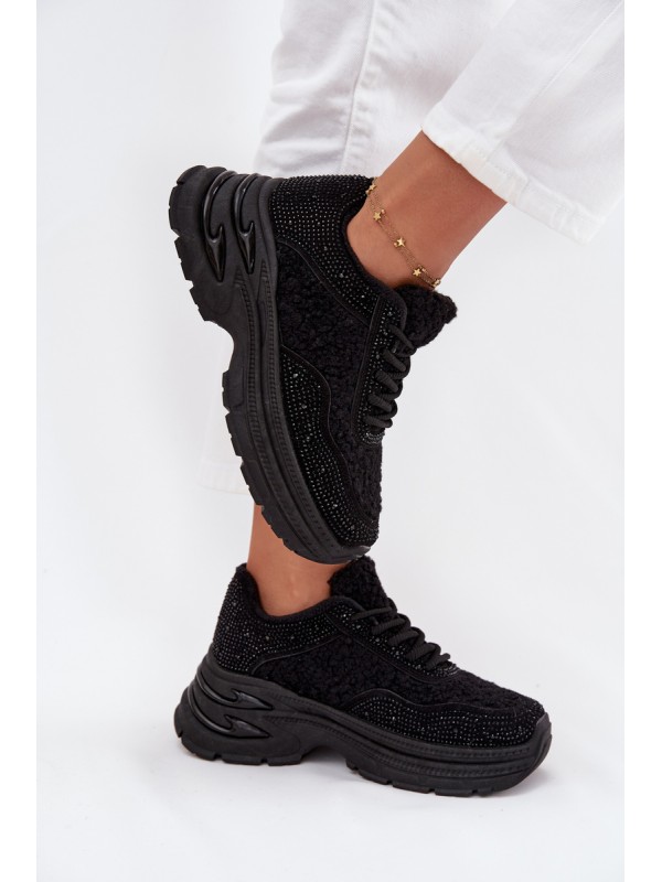 Ladies Sneakers With Rhinestones And Sheepskin Black Zarika