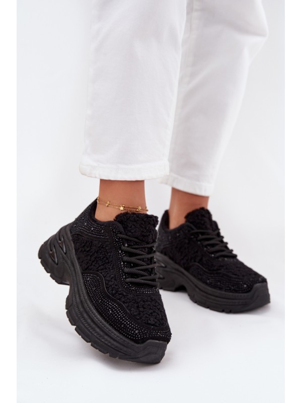 Ladies Sneakers With Rhinestones And Sheepskin Black Zarika 2
