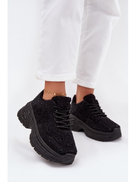 Ladies Sneakers With Rhinestones And Sheepskin Black Zarika