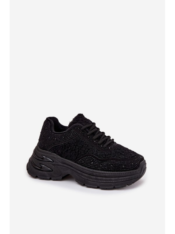 Ladies Sneakers With Rhinestones And Sheepskin Black Zarika