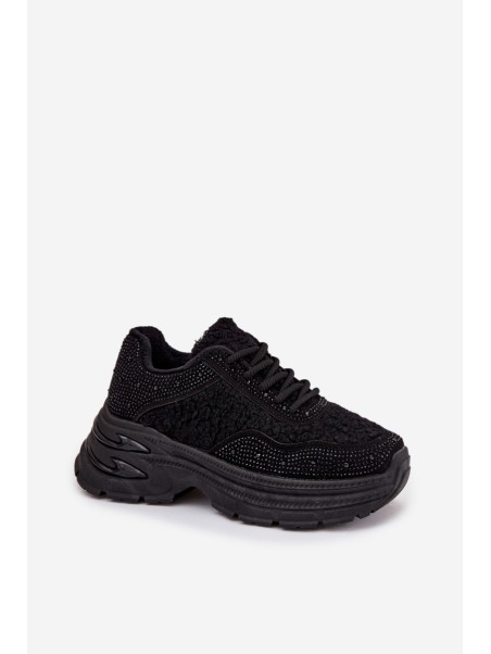 Ladies Sneakers With Rhinestones And Sheepskin Black Zarika