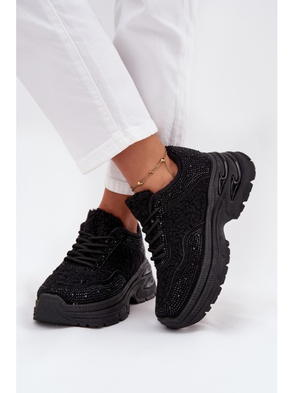 Ladies Sneakers With Rhinestones And Sheepskin Black Zarika