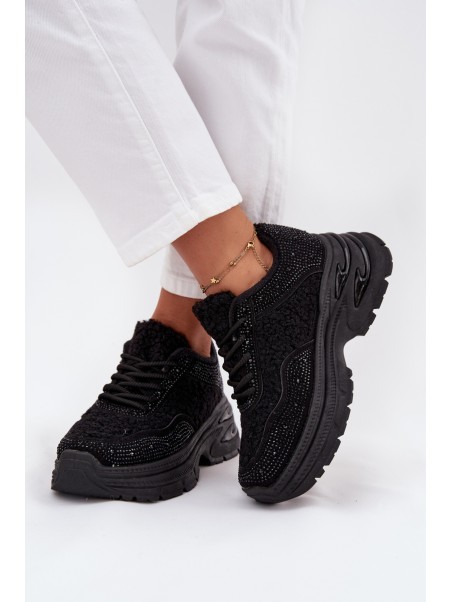 Ladies Sneakers With Rhinestones And Sheepskin Black Zarika