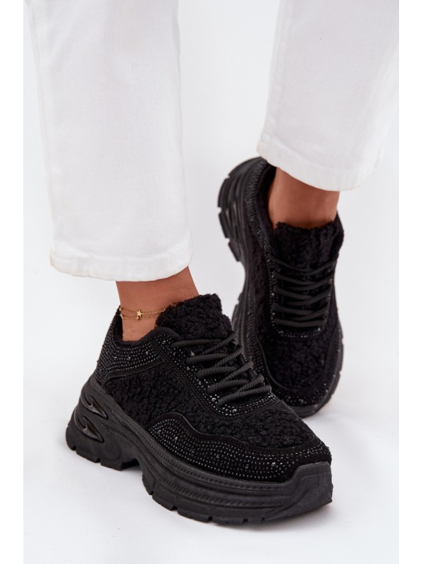 Ladies Sneakers With Rhinestones And Sheepskin Black Zarika