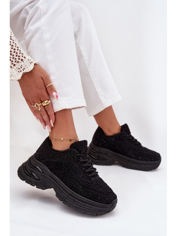 Ladies Sneakers With Rhinestones And Sheepskin Black Zarika