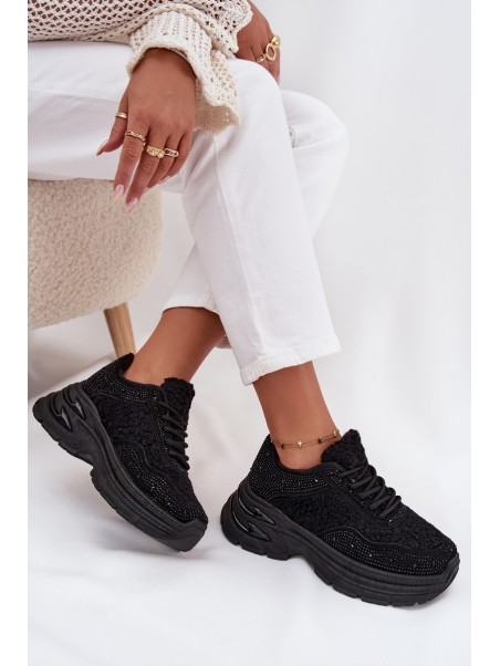 Ladies Sneakers With Rhinestones And Sheepskin Black Zarika