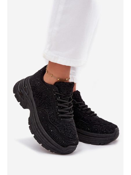 Ladies Sneakers With Rhinestones And Sheepskin Black Zarika
