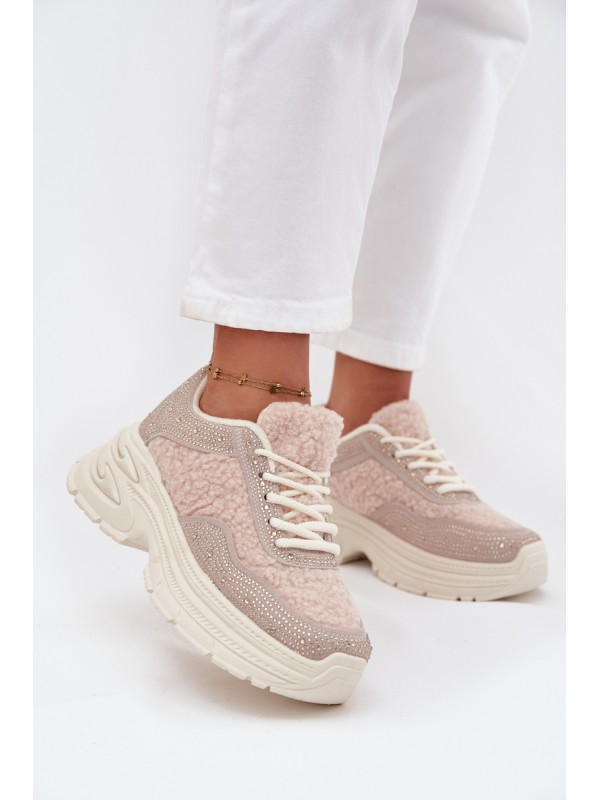 Women's Sneakers With Rhinestones And Sheepskin Light Beige Zarika