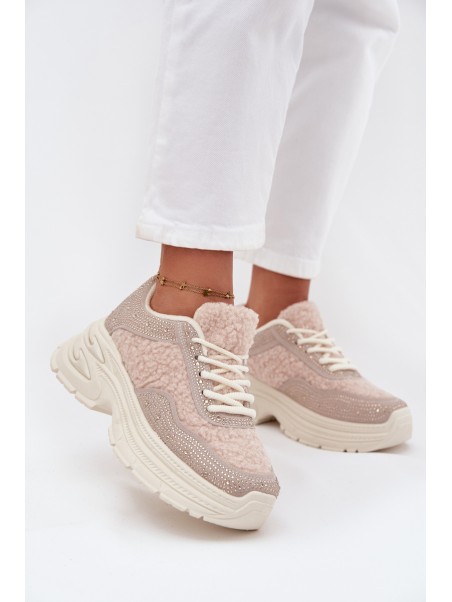 Women's Sneakers With Rhinestones And Sheepskin Light Beige Zarika