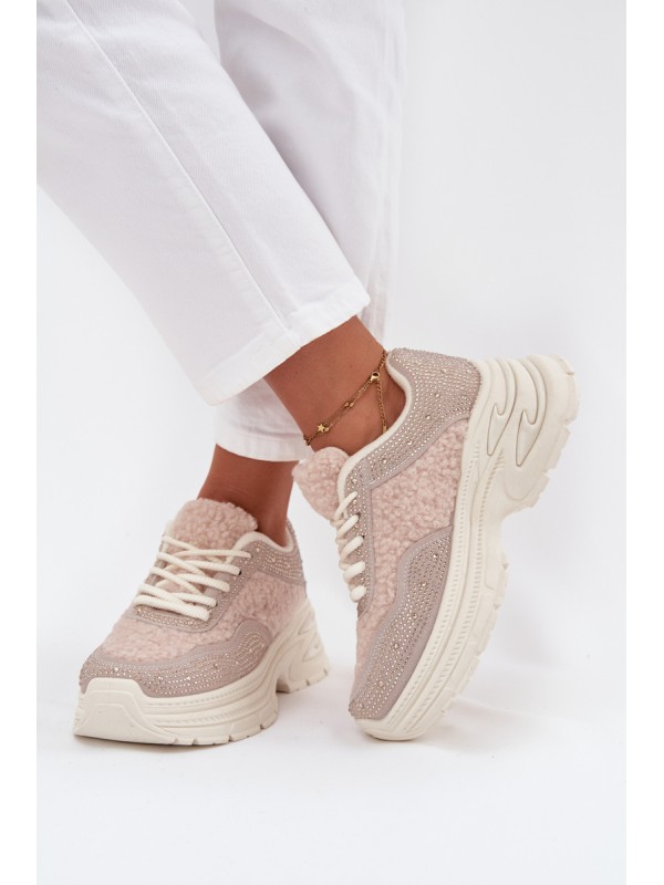 Women's Sneakers With Rhinestones And Sheepskin Light Beige Zarika 2