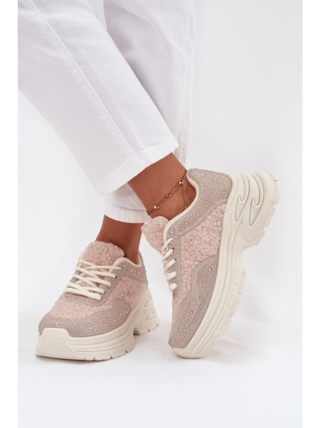 Women's Sneakers With Rhinestones And Sheepskin Light Beige Zarika