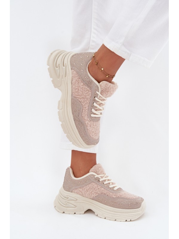 Women's Sneakers With Rhinestones And Sheepskin Light Beige Zarika