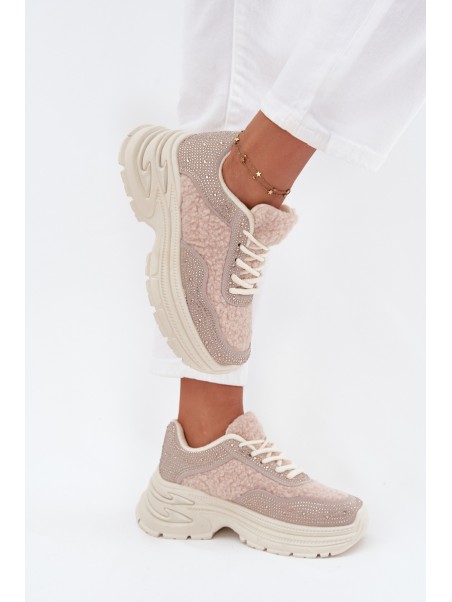 Women's Sneakers With Rhinestones And Sheepskin Light Beige Zarika