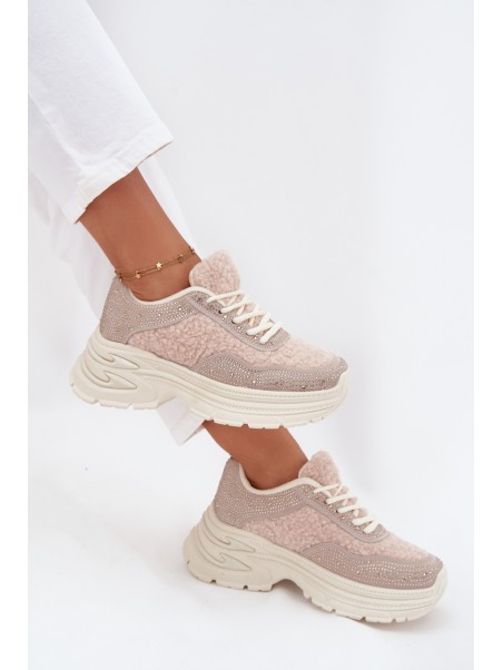 Women's Sneakers With Rhinestones And Sheepskin Light Beige Zarika