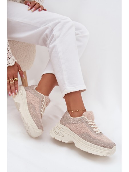 Women's Sneakers With Rhinestones And Sheepskin Light Beige Zarika