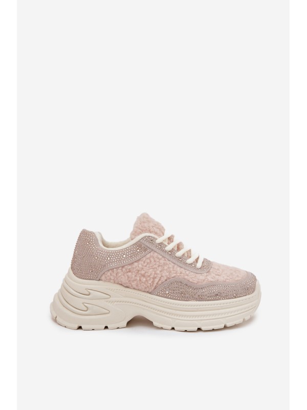 Women's Sneakers With Rhinestones And Sheepskin Light Beige Zarika