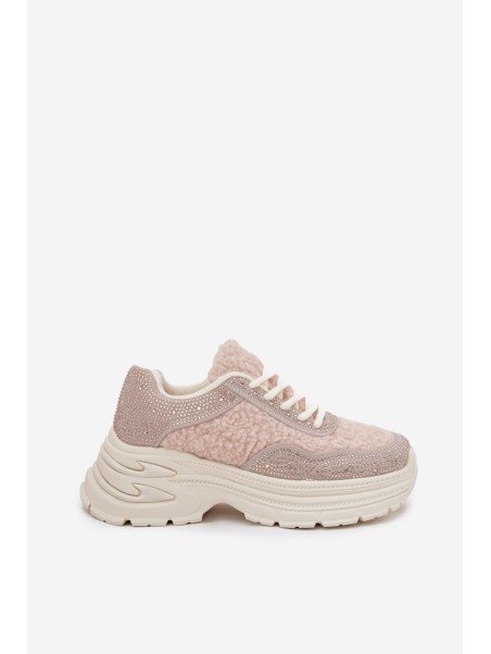 Women's Sneakers With Rhinestones And Sheepskin Light Beige Zarika