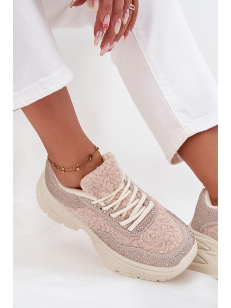 Women's Sneakers With Rhinestones And Sheepskin Light Beige Zarika
