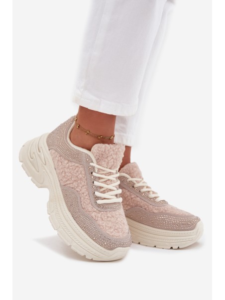 Women's Sneakers With Rhinestones And Sheepskin Light Beige Zarika