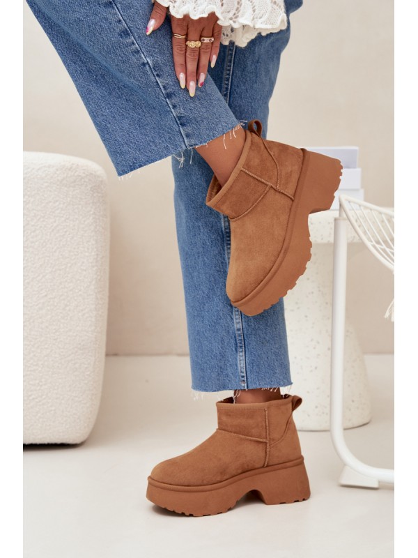 Ladies Low Slip On Insulated Snow Boots With Fur Camel Mavelle