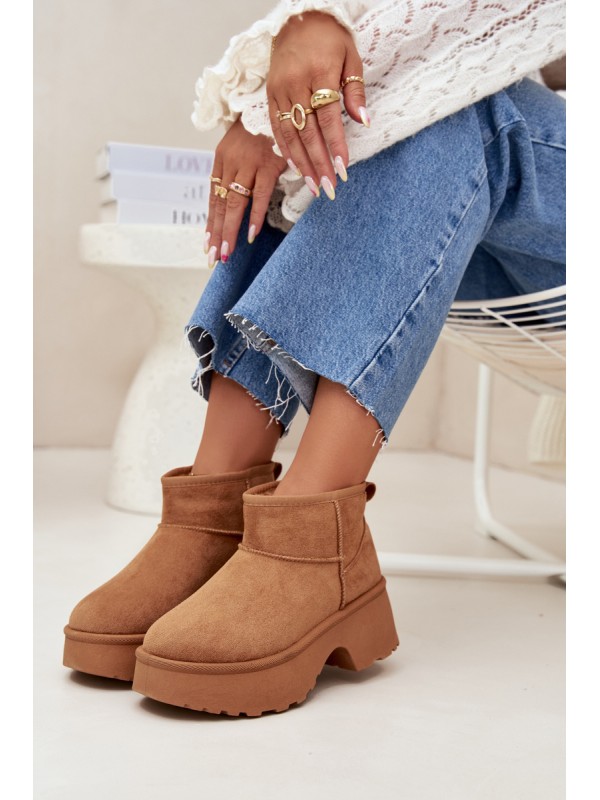 Ladies Low Slip On Insulated Snow Boots With Fur Camel Mavelle