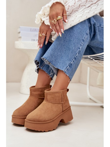 Ladies Low Slip On Insulated Snow Boots With Fur Camel Mavelle