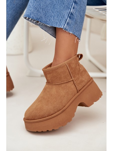 Ladies Low Slip On Insulated Snow Boots With Fur Camel Mavelle