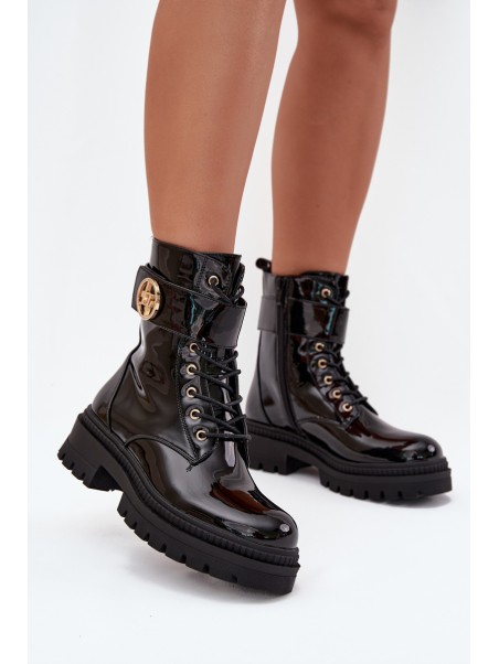 Lacquered ankle boots workers women's with golden detail insulated black Fiorena