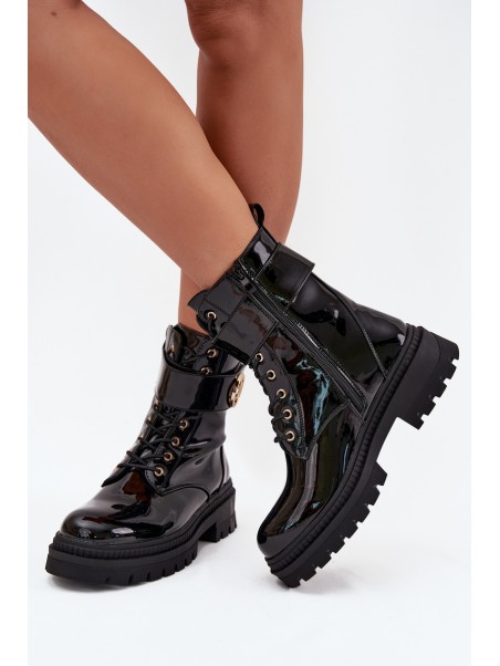 Lacquered ankle boots workers women's with golden detail insulated black Fiorena