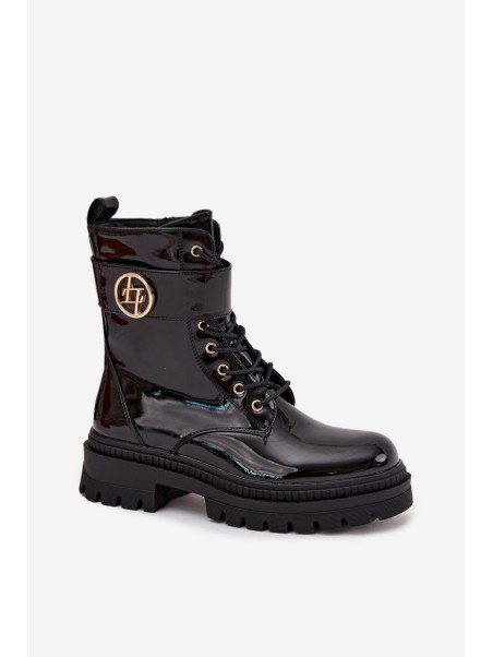 Lacquered ankle boots workers women's with golden detail insulated black Fiorena