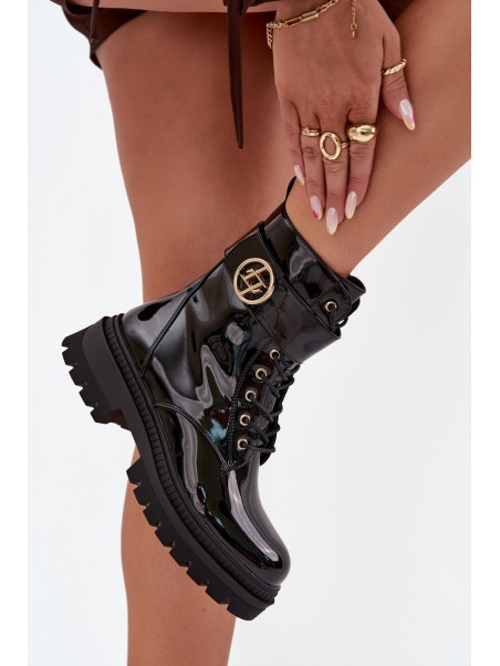 Lacquered ankle boots workers women's with golden detail insulated black Fiorena