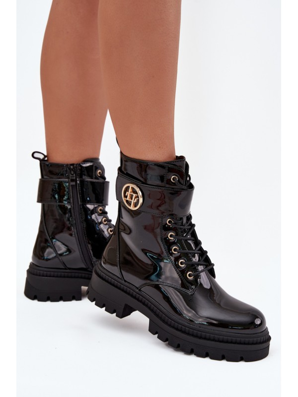Lacquered ankle boots workers women's with golden detail insulated black Fiorena