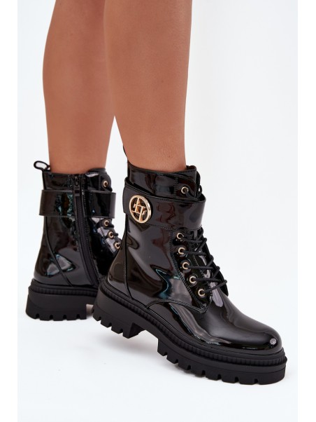 Lacquered ankle boots workers women's with golden detail insulated black Fiorena