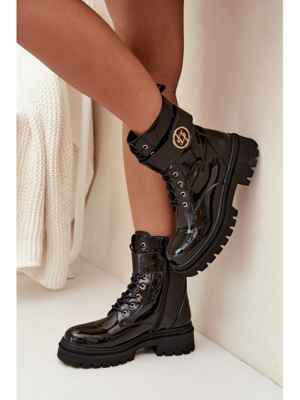 Lacquered ankle boots workers women's with golden detail insulated black Fiorena